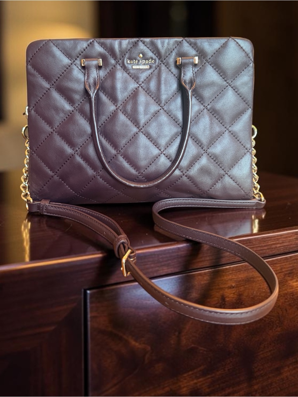 Kate Spade Eggplant 🍆 Quilted Leather Shoulder Bag w/Gold Hardware (GUC)